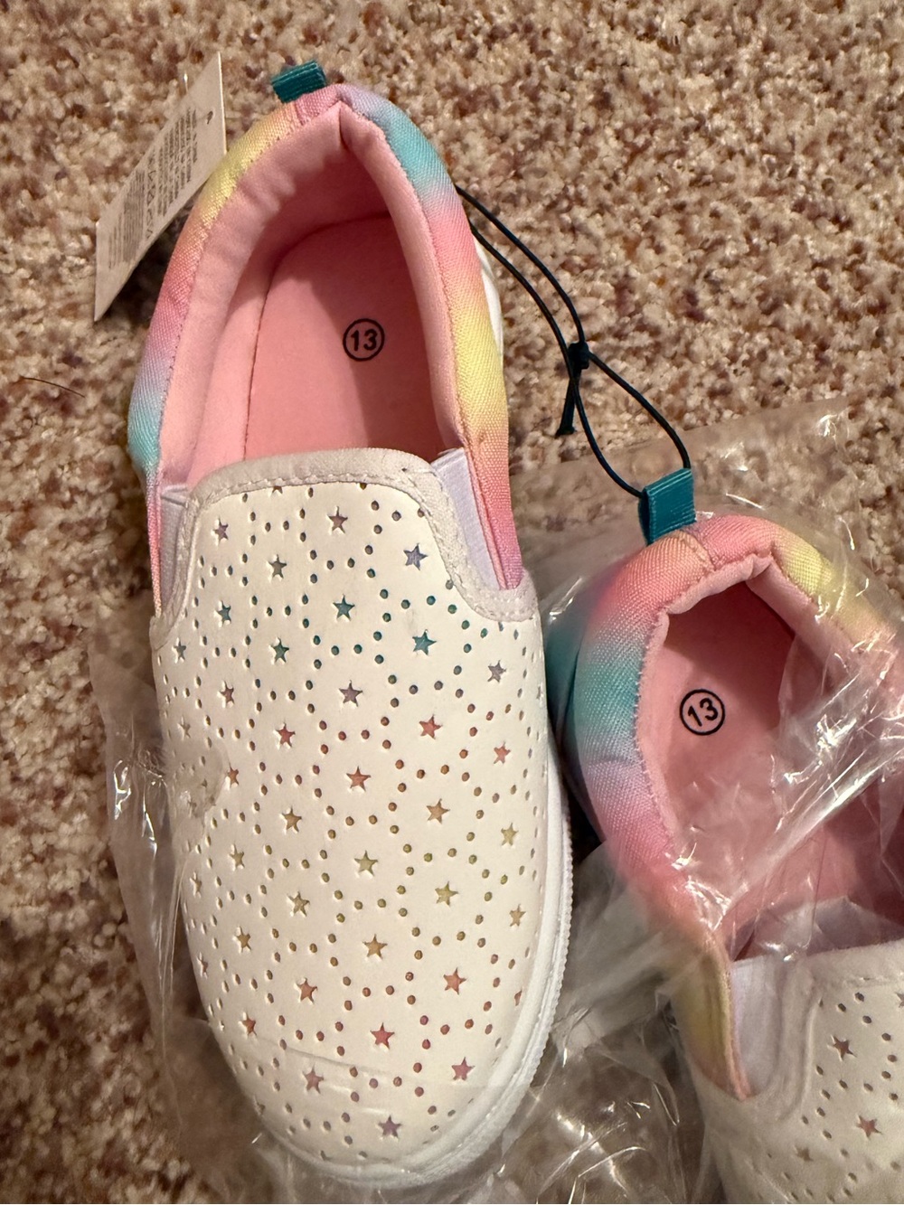 Kids White Slip-On Shoes with Pastel Rainbow Trim